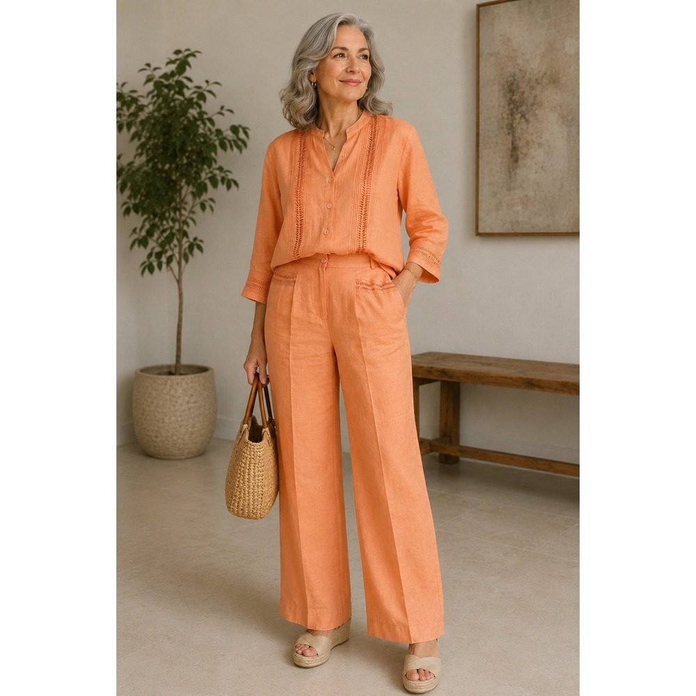 Way Women Orange Linen Blend Tunic Top & Pants Set Size 12